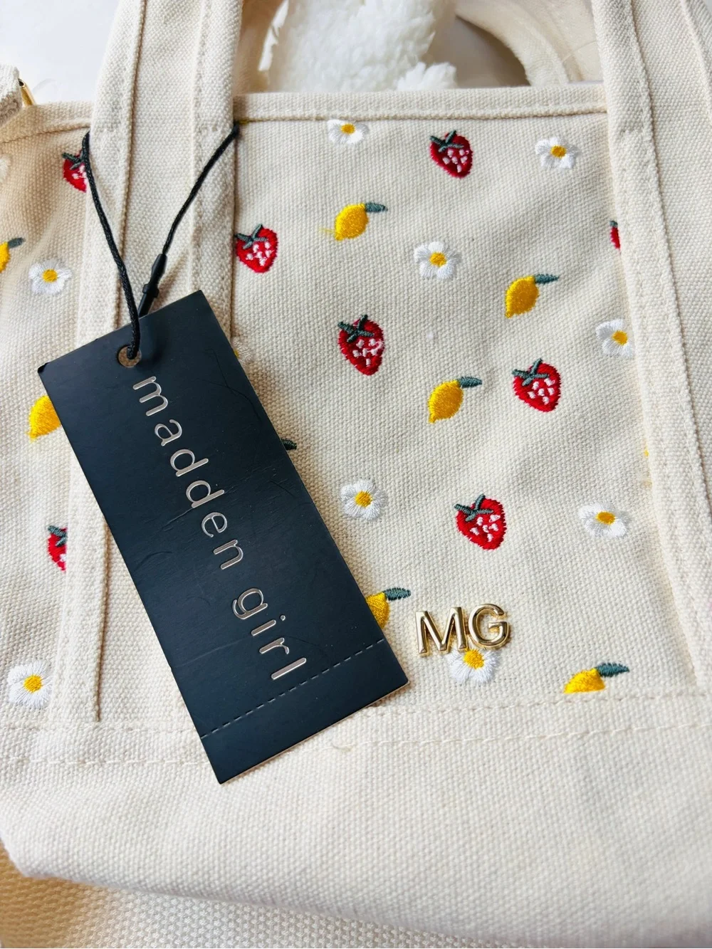 NWT Madden Girl Embroidered Canvas Mini Tote with Bag Charms, Strawberry & Lemon